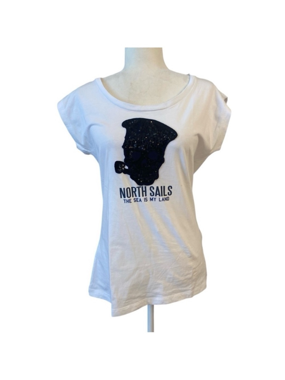 North Sails Womens Sequin Black Sailor Skull T-shirt Preppy Slim Fit